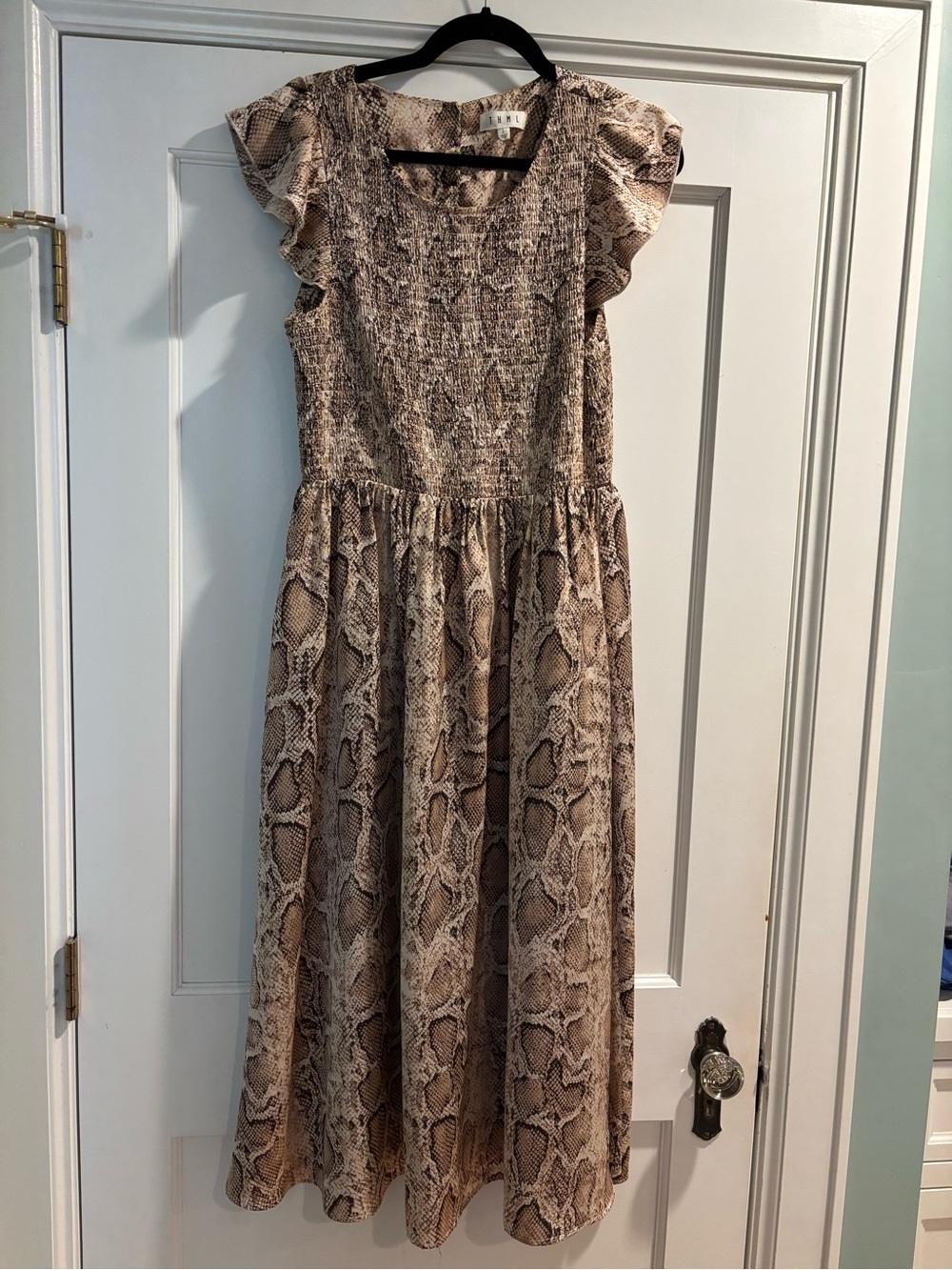 THML Beige Snake-Print Ruffle Sleeve Casual Dress